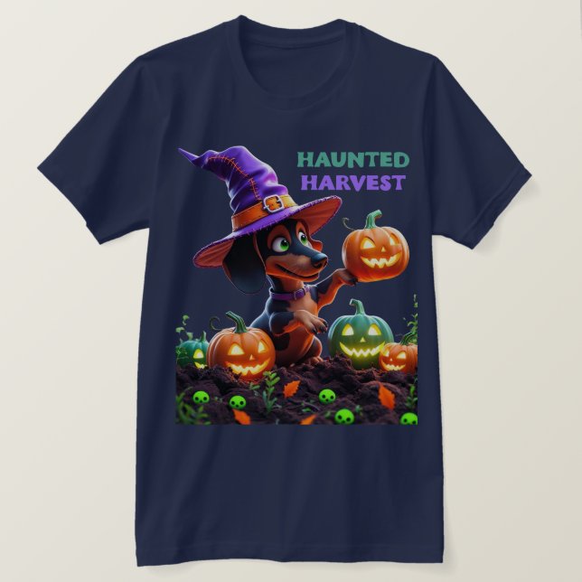 Haunted Harvest – Witchy Dachshund Halloween Garde T-Shirt (Design Front)