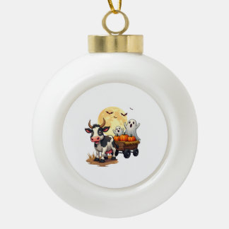 Haunted Hayride Cow Ceramic Ball Christmas Ornament