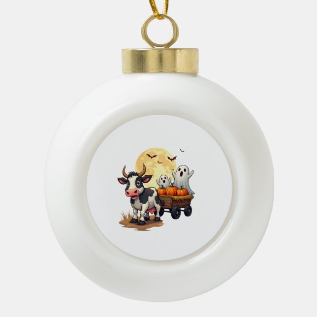 Haunted Hayride Cow Ceramic Ball Christmas Ornament (Front)