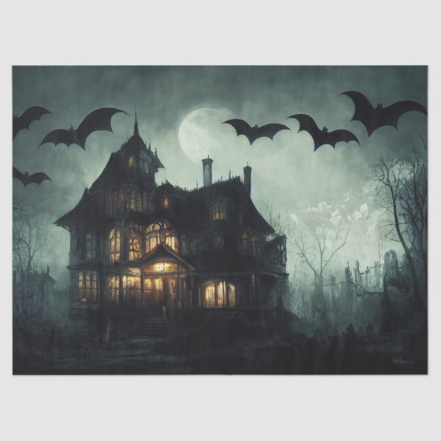 Haunted House and Bats Decoupage Tissue Paper (Front)