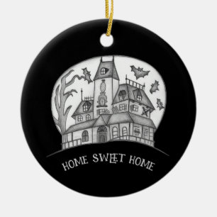 Haunted House and Bats Halloween Ceramic Ornament
