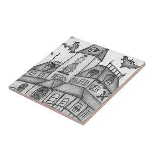 Haunted House and Bats Halloween Ceramic Tile