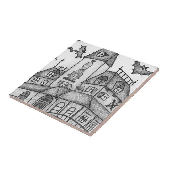 Haunted House and Bats Halloween  Ceramic Tile (Side)