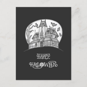 Haunted House and Bats Halloween Holiday Postcard