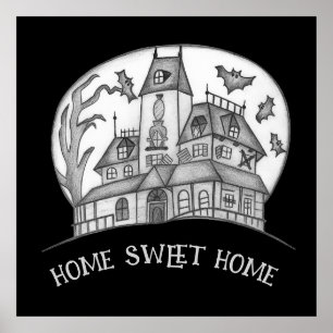 Haunted House and Bats Halloween Poster