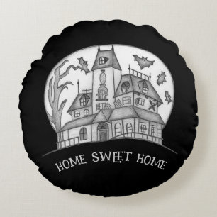 Haunted House and Bats Halloween Round Cushion