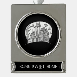 Haunted House and Bats Halloween  Silver Plated Banner Ornament