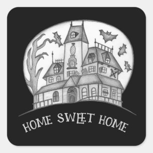 Haunted House and Bats Halloween Square Sticker
