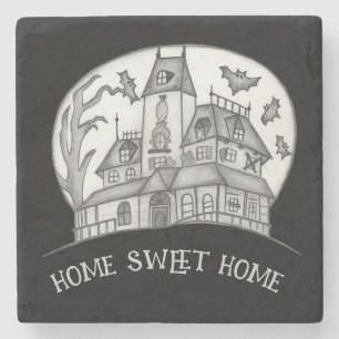 Haunted House and Bats Halloween Stone Coaster
