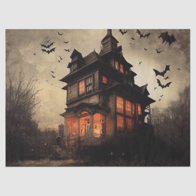 Haunted house and flying creatures decoupage tissue paper (Front)