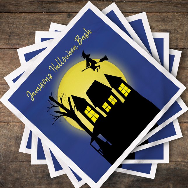 Haunted House and Flying Witch with Moonlight Napkin (Personalized haunted house Halloween napkin with moon and witch silhouette.)