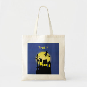 Haunted House and Flying Witch with Moonlight Tote Bag