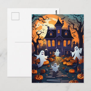 Haunted House and Ghost Halloween Postcard