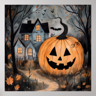 Haunted House and Giant Pumpkin Halloween Poster