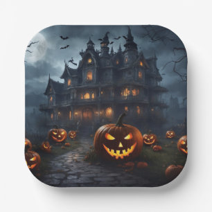 Haunted House and Jack-O-Lanterns Paper Plate