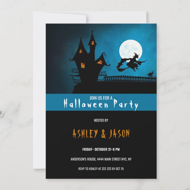 Haunted House and Witch Halloween Invitation (Front)
