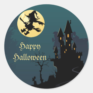 Haunted House and Witch Silhouette Classic Round Sticker
