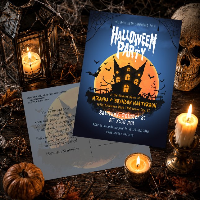 Haunted House Bats Graveyard Halloween Invitation Postcard (Creator Uploaded)