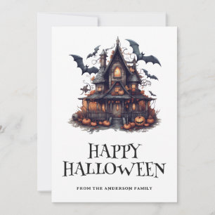 Haunted House Bats Pumpkins Halloween Card