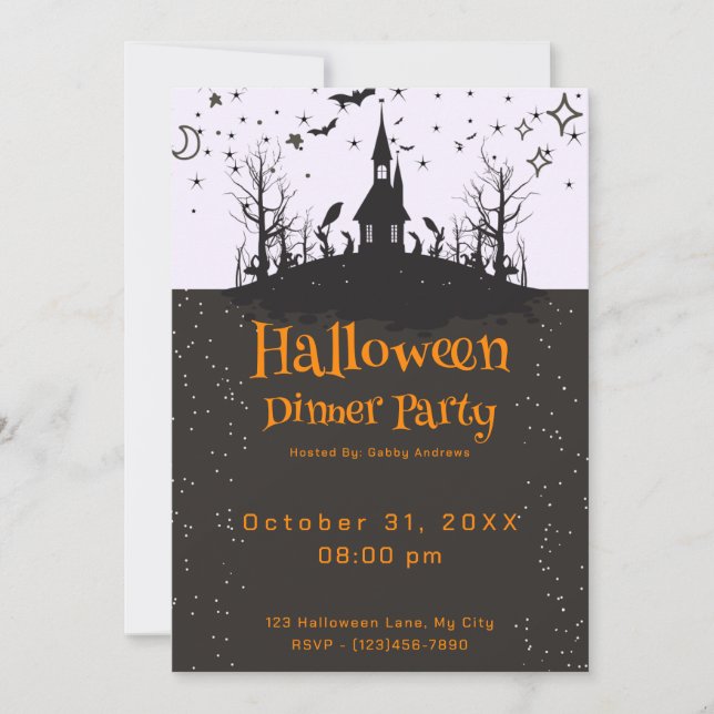 Haunted House Bats Stars Halloween Dinner Party Invitation (Front)