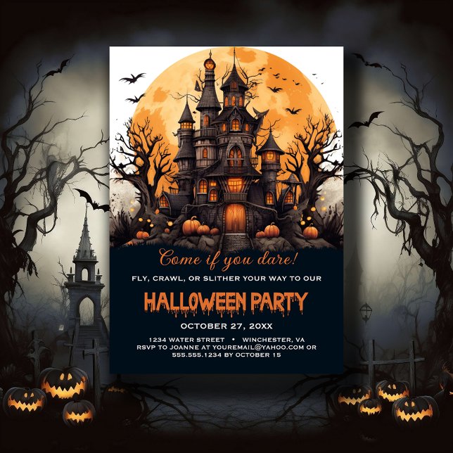 Haunted House Bats Trees Spooky Halloween Party Invitation (Creator Uploaded)