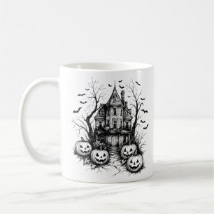 Haunted House Black and White Halloween Coffee Mug