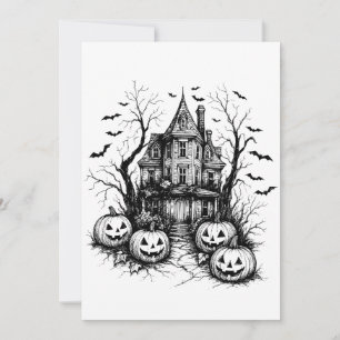 Haunted House Black and White Halloween Invitation