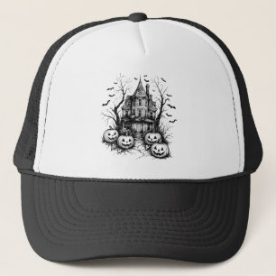 Haunted House Black and White Halloween Trucker Hat