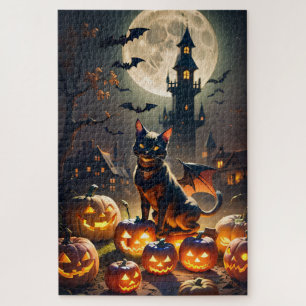 Haunted House, Black Cat Bat, Jack-o-lanterns Jigsaw Puzzle