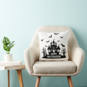 Haunted House Black & White Happy Halloween Cushion