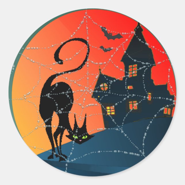 HAUNTED HOUSE & CAT by SHARON SHARPE Classic Round Sticker (Front)