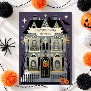 Haunted House Family Photo Halloween Foil Holiday Card