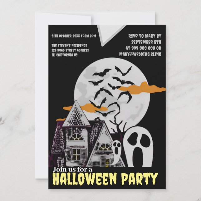 Haunted House & Flying Bats Halloween Invitation  (Front)