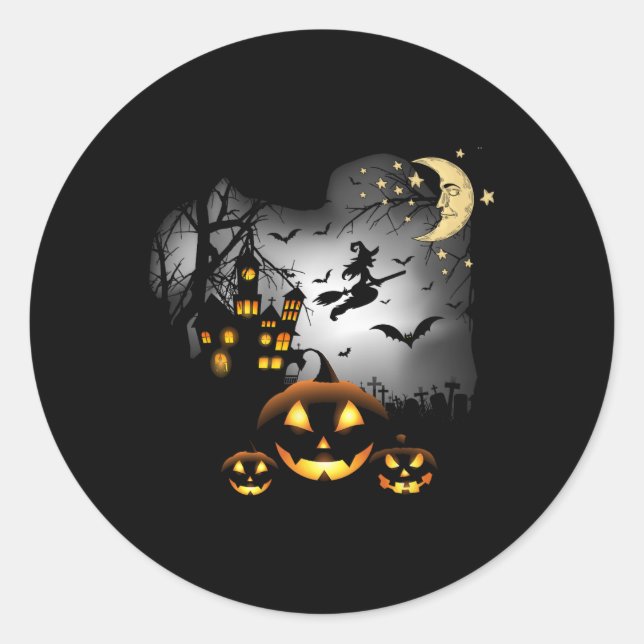 Haunted House  - Flying Witch - Jack o Lantern  Classic Round Sticker (Front)