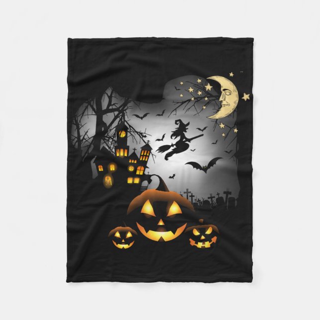 Haunted House - Flying Witch - Jack O Lantern  Fleece Blanket (Front)