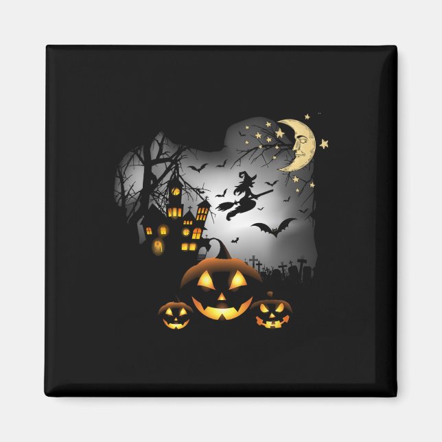 Haunted House  - Flying Witch - Jack o Lantern  Magnet (Front)