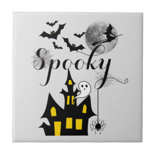 Haunted House Flying Witch Spooky Halloween Ceramic Tile