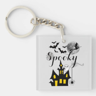 Haunted House Flying Witch Spooky Halloween Key Ring