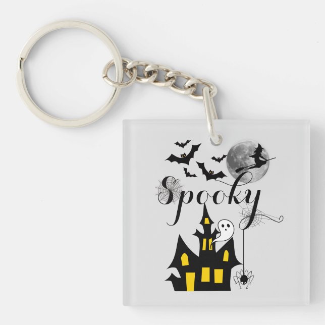 Haunted House Flying Witch Spooky Halloween Key Ring (Front)