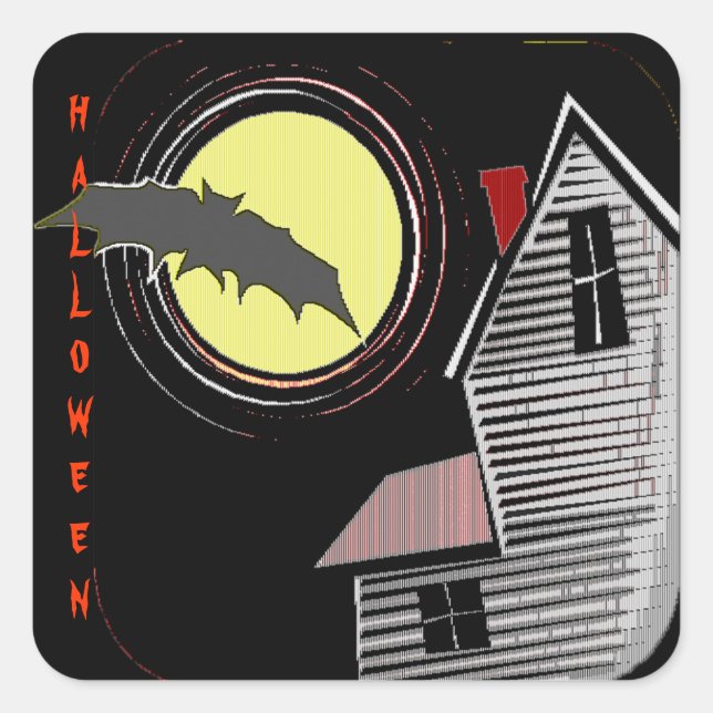 Haunted House Full Moon and Bat Square Sticker (Front)
