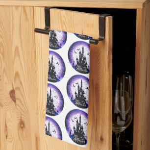 Haunted House Full Moon Bats Happy Halloween Tea Towel