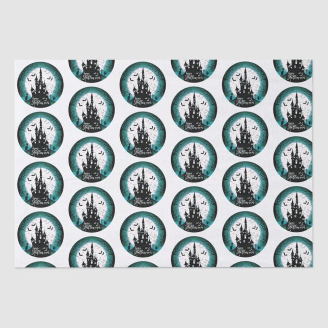 Haunted House Full Moon Bats Happy Halloween Tissue Paper (Front)