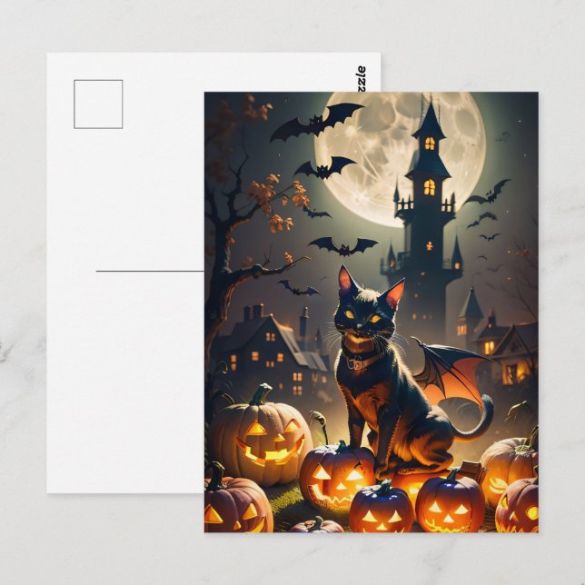 Haunted House, Full Moon, Black Cat Halloween Postcard (Front/Back)