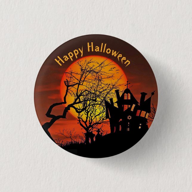 Haunted House Full Moon Graphic Halloween 3 Cm Round Badge (Front)