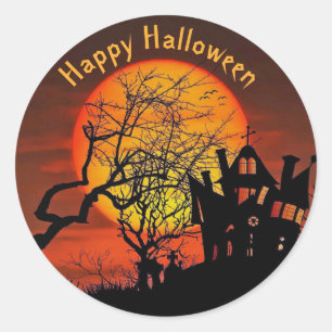 Haunted House Full Moon Graphic Halloween Classic Round Sticker