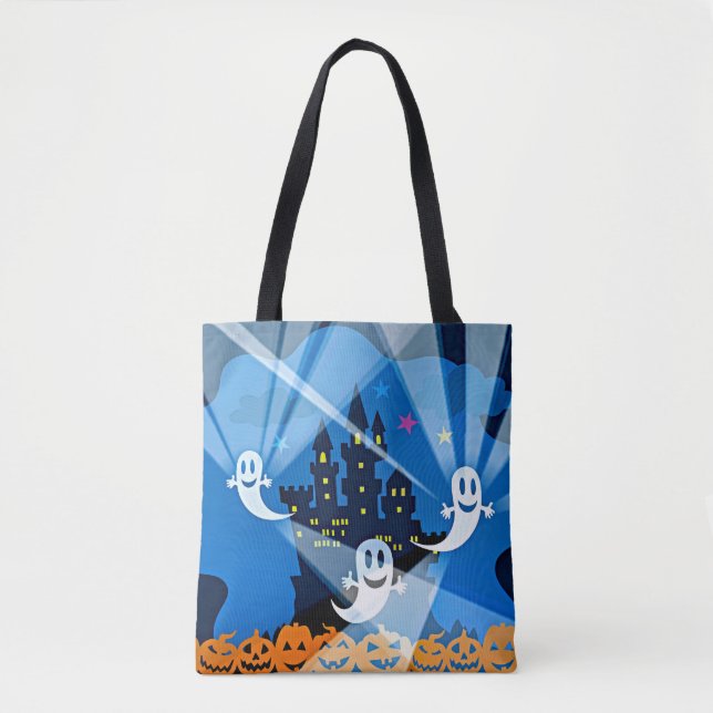 Haunted House, Ghost and Pumpkins Tote Bag (Front)