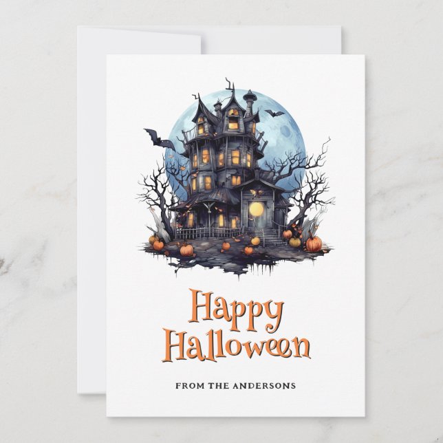 Haunted House Ghost Bats Halloween Card (Front)