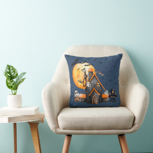 Haunted House Ghosts Full Moon Dark Blue Halloween Cushion