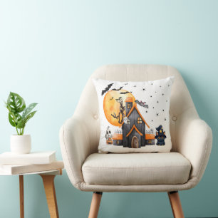 Haunted House Ghosts Full Moon White Halloween Cushion
