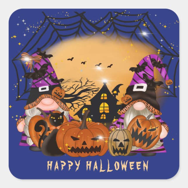 Haunted House Gnomes and Jack o'Lanterns Halloween Square Sticker (Front)